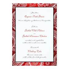 Red Shimmer Satin White Lace Paisley Menu Card Zazzle Com Wedding Reception Menu Menu Cards Indian Wedding Invitations