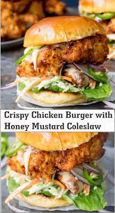 You could keep it classic with lettuce, tomato and mayonnaise. Crispy Chicken Burger With Honey Mustard Coleslaw Crispy Chicken Burgers Recipes Chicken Burgers
