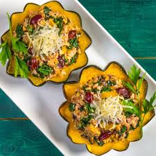 Stuffed Acorn Squash With Chicken Farro Cranberries And Kale Recipe Acorn Squash Acorn Squash Recipes Recipes