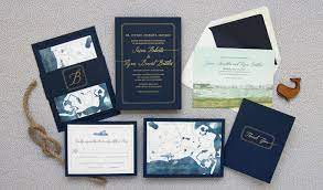 Classic Cape Cod Wedding Invitation With Navy Paper Gold Foil And Hand Painted Watercolor Accents Wedding Invitations Custom Wedding Invitations Invitations