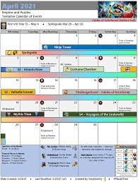 A monthly calendar is among the most downloaded calendars. 2021 April Calendar Events Trials Rare Quests Ninja Tower Masquerade Atlantis Valhalla S4 Voyagers Of The Underwild And Mythic Titans Tentative Player Guides Empires Puzzles Community Forum