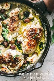 It's so full of flavor! Baked Pesto Chicken Recipe With Olives Feta Keto Chicken Dinner
