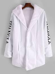 Black And White Checkered Fluffy Jacket Letter Character Print Hood Button Faux Fur Coat Dark Gray White Ad Hood Button Print Letter Character Ad In 2020 With Images Coat Long Hooded Jacket White Fur Coat