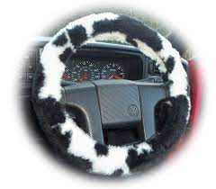 Cow print car seat covers. Black And White Cow Print Fuzzy Steering Wheel Cover