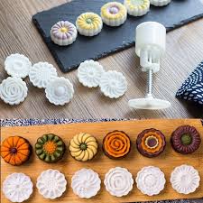 6 Style Fleur Ronde Mooncake Moule Main Pression Fondant Lune Gateau Decoration Out Gateau Oriental Sans Cuisson Biscuits Faits Maison Emporte Piece Patisserie