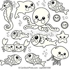 Grades 5 and under (ages 11 and under) concepts: Sea Animals Vector Black And White Coloring Page Vector Black And White Illustration Of Colorful Sea Creatures Coloring Canstock