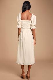 Lulus Nahanni Cream Puff Sleeve Smocked Midi Dress Size Large Romantic White Dress Puff Sleeve Dresses Casual White Dress
