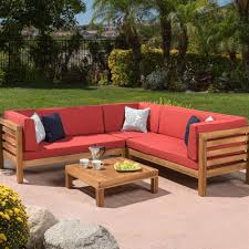Noble House Oana Teak Finish 4 Piece Wood Outdoor Sectional Set With Red Cushions 55404 The Home Depot Outdoor Sectional Sofa Pallet Furniture Outdoor Outdoor Sofa