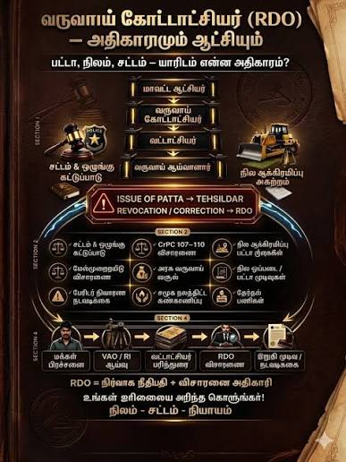 ரெட்டிட் வருவாய் கோட்டாட்சியரின் (RDO) அதிகாரங்கள் மற்றும் கடமைகளை  விளக்கும் பயனுள்ள படம். இந்தப் படம், RDO சட்ட அமலாக்கம், நில விவகாரங்கள் ...