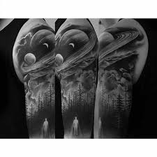 Black And White Space Arm Sleeve Tattoo Space And Forest Themed Upper Arm 1 2 Sleeve In 2020 Tree Sleeve Tattoo Space Tattoo Space Tattoo Sleeve