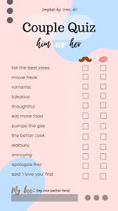 Unlike a poll sticker, where followers choose from a list of options, questions stickers open up the chance for users to respond however they choose. Couple Quiz Couples Quiz Relationship Quizzes Instagram Story Questions