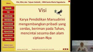 2 konsep visi dan misi sekolah secara harfiah visi dapat diartikan sebagai what we want?(apa yang diinginkan) sedangkan misi adalah what we do?(apa yang dilakukan) visi adalah tujuan dari intuisi dari didirikannya intuisi tersebut, visi harus singkat dan padat serta mudah diingat. Sosialisasi Profil Visi Misi Tujuan Sekolah Sma Santa Maria Yogyakarta Youtube