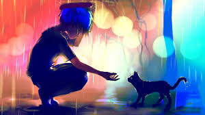 Water Pants Lights Rain Cats Animals Wet Blue Hair Shoes Black Eyes Short Hair T Shirts Squatting Anime Anime Girls Hd Anime Wallpapers Anime Scenery Anime Boy
