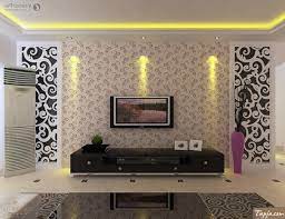Delightful Living Room Interior Decorating With Wallpaper Beside Tv Wall Mounted As Wel Black Gla Wall Mounted Tv Unit Tv Wall Decor Wallpaper Interior Design