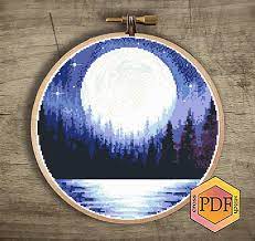 Moon Cross Stitch Pattern Pdf Landscape Modern Counted Cross Stitch Chart Nature Xstitch Starry Night Sky Hoop Embroidery Instant Download Moon Cross Stitch Modern Cross Stitch Patterns Cross Stitch Patterns