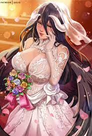 1girls albedo (overlord) big breasts black hair blush bouquet  breasts bridal veil bride exlic female female only horns large breasts  overlord (maruyama) solo succubus thick thighs wedding dress wide