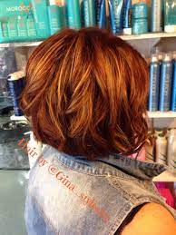 Red Copper Balayage Hair Short Asymmetrical Style Highlights Blonde Hair Painting Curls Balayage Hair Short Hair Balayage Balayage Hair Blonde Long