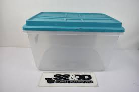 These varying types and sizes of water storage containers are great in case of an emergency like a hurricane, earthquake or flood. Hefty Hi Rise 72 Qt Storage Bin Clear With Turquoise Lid Estatesales Org