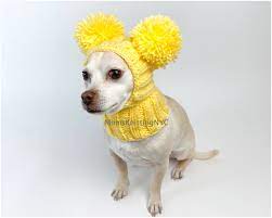Double Pom Beanie Dog Hat Yellow Dog Hat Small Dog Winter Etsy Pom Dog Dog Hat Dog Scarfs