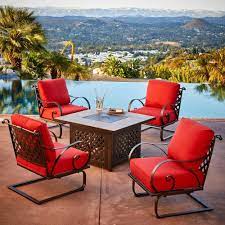 Royal Garden Sienna 5 Piece Metal Patio Fire Pit Conversation Set With Red Cushions Senfst503 The Home Depot Fire Pit Seating Patio Fire Pit Fire Pit Sets