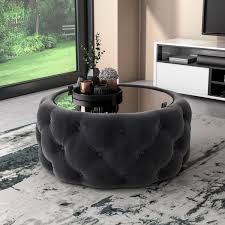 The texture and design of the pouf can be a better choice for a modern or contemporary interior, compare to a coffee table. Dark Grey Velvet Buttoned Coffee Table With Ottoman Storage Clio Furniture123