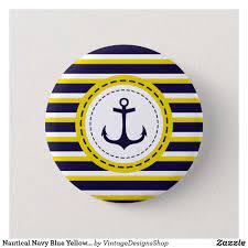 nautical navy blue yellow stripes anchor design pinback button anchor design buttons pinback yellow stripes