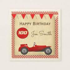 Vintage Red Race Car And Flags 100 Birthday Paper Napkins Zazzle Com Red Race 100th Birthday Red Birthday Party