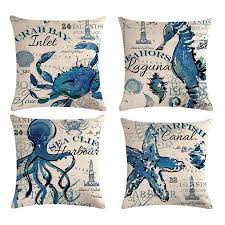 15% off with code makeitunique. Popeven Sea Throw Pillow Covers Only Ocean Theme Seahorse Octopus Starfish Crab Pattern Beach House Decorative Cushion Cover Coastal Pillowcases 18 18 4pack Beach Pillows Beach House Interior Design Beach House Decor