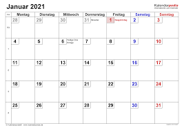 Kalender in unterschiedlichen formaten mit schulferien, feiertagen und kalenderwochen download und drucken. Kalender Januar 2021 Als Pdf Vorlagen