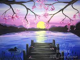 This painting features autumn trees, mountains, a lake and the evening sunset as it peers through the clouds. How To Paint A Sunset Lake Pier Step By Step Painting With Tracie Kiernan