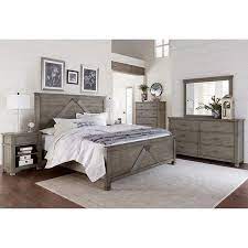 Oversized antique brass finished hardware adds industrial flair East Lake 6 Piece Queen Bedroom Set Costco