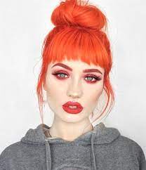 Sunset Orange Hair Dye With Bangs And Bun Haircut By Sn0ok Hair And Beauty Edgy Hair Color Orange Hair Dye Edgy Hair