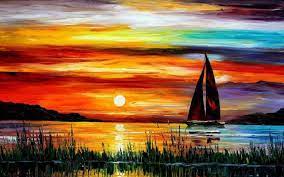 Painting Sunset Sea Boat Hd Wallpaper Free High Resolution Digital Photos Widescreen Images Ill Sunset Painting Painting Wallpaper Landscape Paintings