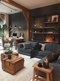 Masculine Industrial Living Room With A Wall Mounted Shelving Unit Remodelingor In 2020 Cosy Living Room Rustic Living Room Industrial Livingroom