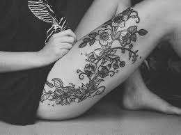 Black And White Cherry Blossom Thigh Tattoo Tattoos For Women On Thigh Thigh Tattoo Black And White Flower Tattoo Flower Thigh Tattoos Thigh Tattoos Women Thigh Tattoo Designs