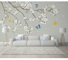 Chinese Style Hanging Brach Garden Flowers Wallpaper Flying Etsy In 2020 Wall Painting Decor Hand Painted Walls Wall Decor Bedroom