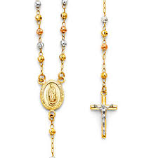 Our exquisite collection of gold chains for men and women are created with premium craftsmanship. 3mm Moon Cut Bead Our Lady Of Guadalupe Rosary Necklace In 14k Tricolor Gold 18in Goldenmine Com