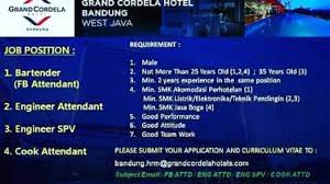 Apabila lowongan kerja hotel cirebon yang anda kehendaki tidak ditemukan, silakan untuk mencari via tab menu di atas atau search form lokerhotel.com di bawah ini. Lowongan Kerja Hotel Grand Cordela Bandung 2020 Kirim Via Email 2021