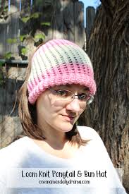 How to loom knit an easy bulky chunky rib stitch hat pattern on a round knitting loom with step by step for beginners. Loom Knit Ponytail And Bun Hat Winter Hat Tutorial For Adults And Kids