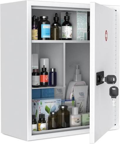 A crowded bathroom medicine cabinet showing how pills are commonly, and incorrectly, stored