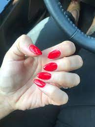Ferrari Red Almond Round Acrylic Bright Red Short Nails Acrylicnailsalmond Red Acrylic Nails Rounded Acrylic Nails Bright Red Nails