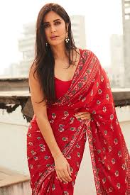 Katrina Kaif Red Stylish Floral Printed Mulmul Cotton Saree –  kala-niketan.in