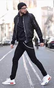 Nearly Full Black Outfit Combo With A Black Hoody Black Bomber Jacket Black Skinny Jeans Black Beanie White Hoodie Fashion Mens Fashion Casual Big Men Fashion