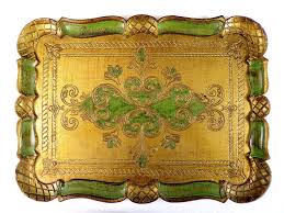 Plateau Florentin Vert Et Or Belle Patine Made In Italy Deco Baroque Etsy Vintage Decorative Tray Vintage