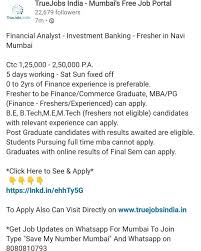 Financial Analyst Banking Analyst Fresher In Navi Mumbai Apply On Www Truejobsindia In Financialanalyst Jobs In 2020 Financial Analyst How To Apply Job Portal