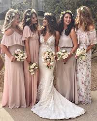 Muted Dusty Rose And Printed Mismatched Maids With Those Floral Crowns Are Perfec Pink Bridesmaid Dresses Bridesmaid Dresses Boho Pink Chiffon Bridesmaid Dress