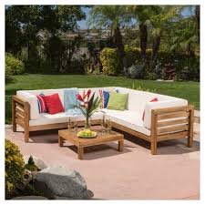 Oana 4pc Acacia Wood Sectional Chat Set W Cushions Beige Christopher Knight Home Pallet Furniture Outdoor Outdoor Sectional Sofa Patio Sectional