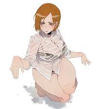 ratatatat74, kugisaki nobara, jujutsu kaisen, highres, 1girl, blouse,  bottomless, bra, brown eyes, brown hair, collared shirt, long sleeves,  see-through clothes, see-through shirt, shirt, short hair, solo, squatting,  thighs, underwear, wet, white ...