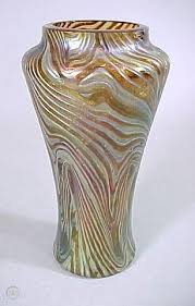 Bohemian Iridescent Art Glass Vase Main Color Is Amber Gold With Aqua Blue Iridescence In A Raised Peacock Fea Bohemian Glass Art Nouveau Antiques Art Nouveau
