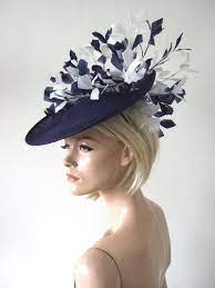 Navy White Saucer Disc Feather Tree Hat Headpiece Fascinator Treen Melbourne Cup Ascot Horse Racing Fashion Del Mar Mother Of The Bride Horse Racing Fashion Royal Ascot Races Ascot Horse Racing